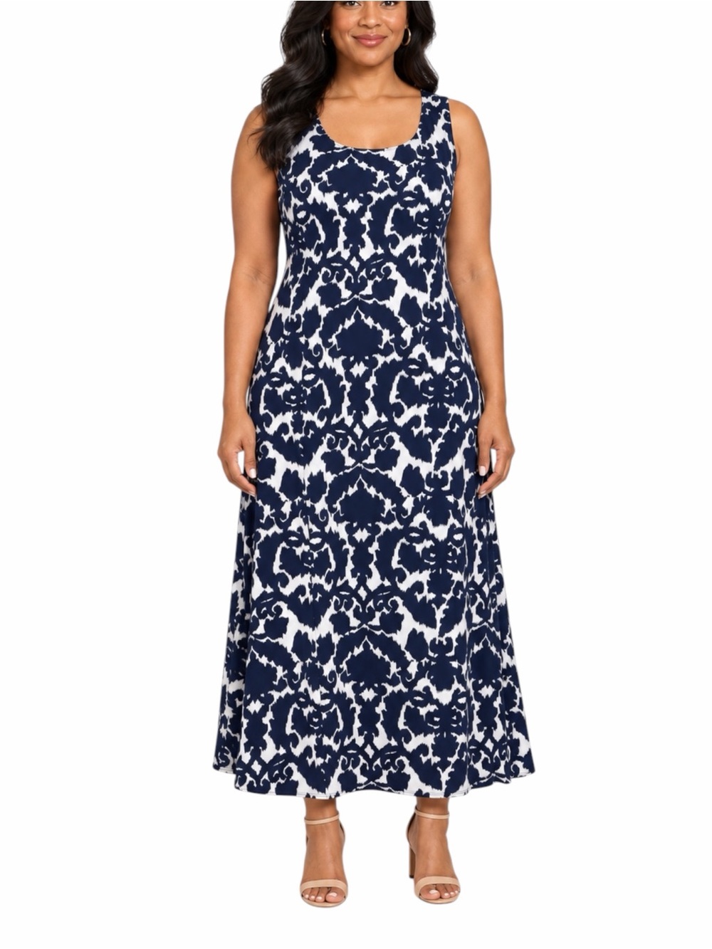 TravelSmith Maxi Dress L Stretch Abstract Print Sleeveless Navy White Made USA